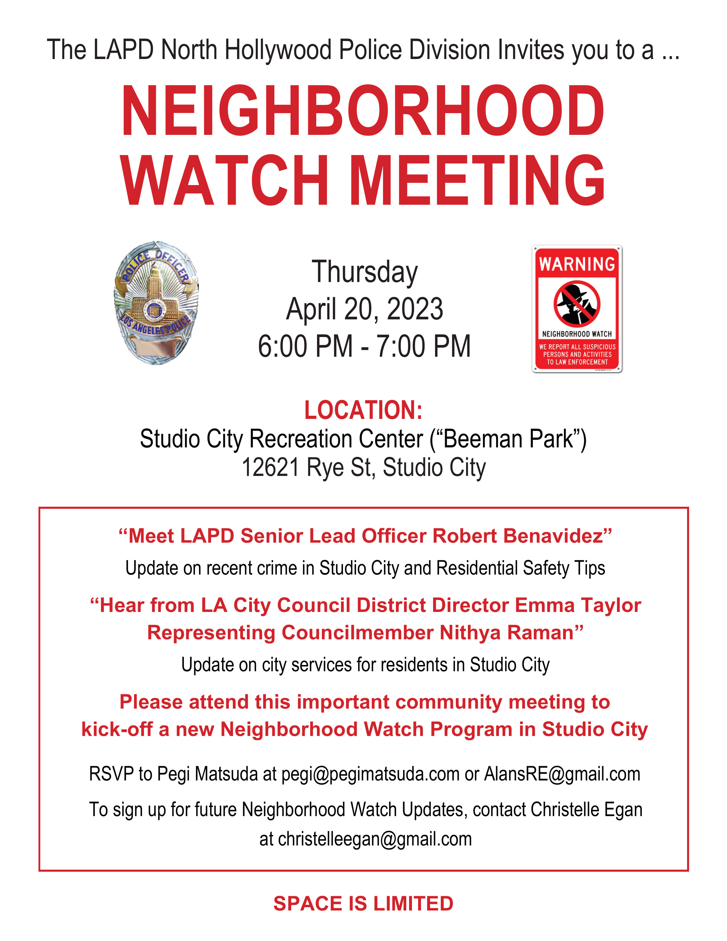 Neighborhood Watch Meeting Studio City Rec Center (Beeman) 6:00-7pm