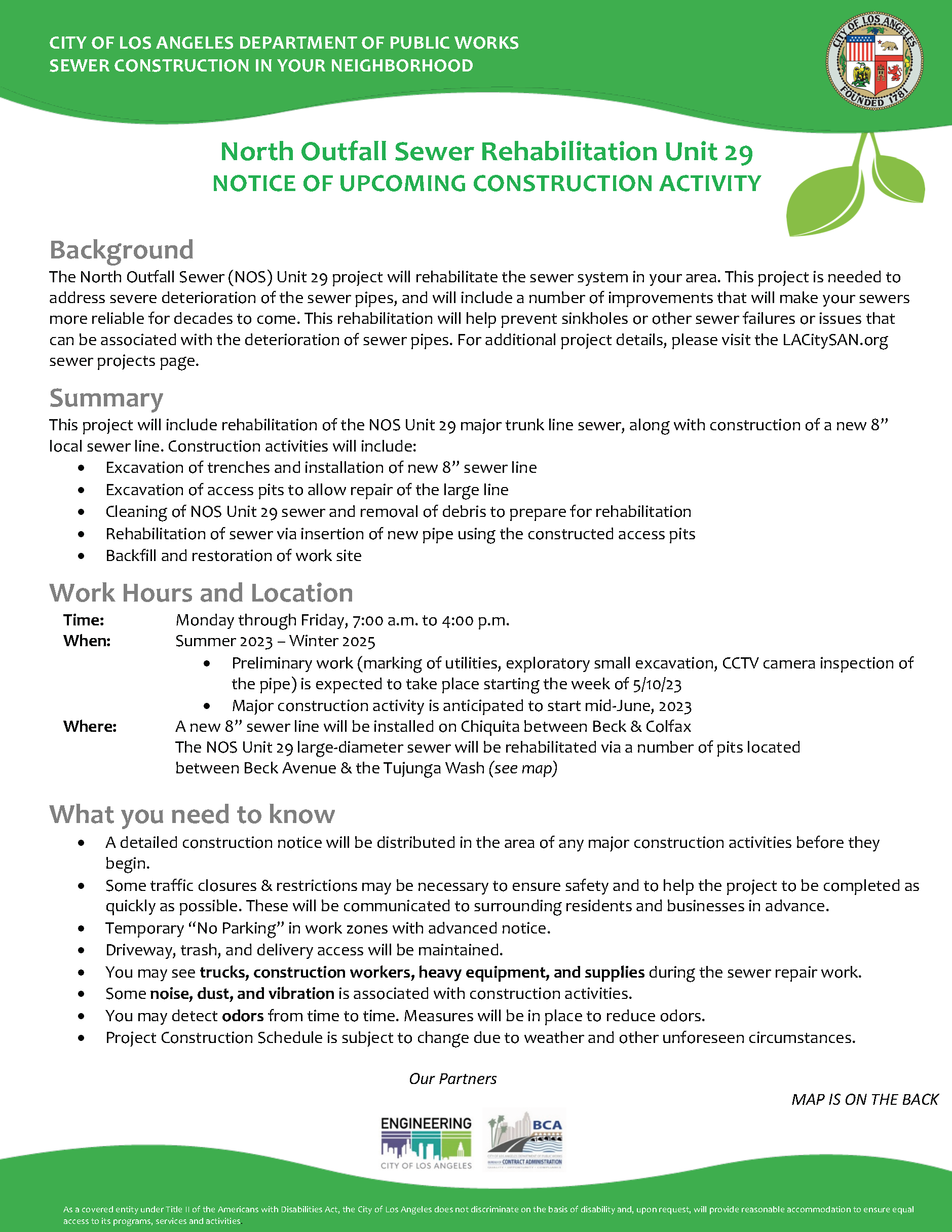 North Outfall Sewer Rehabilitation Unit 29 NOTICE OF UPCOMING CONSTRUCTION ACTIVITY