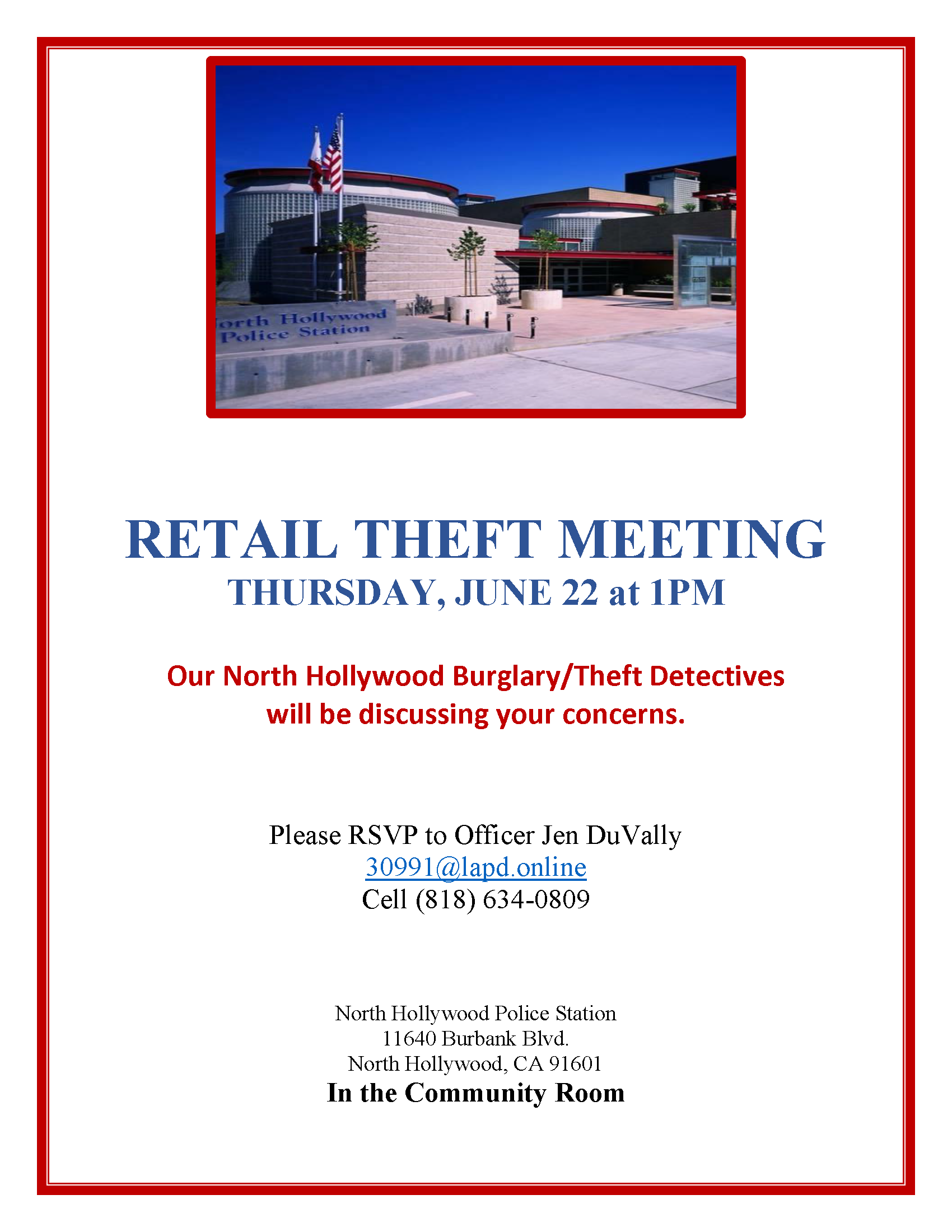 Retail Theft Meeting LAPD North Hollywood Burglary/Theft Detectives 1pm  June 22 click for info